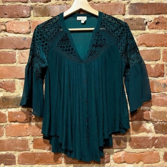 Meadow Rue Anthropologie Surya Emerald Velvet Lace Top Button Front XS - Picture 1 of 7